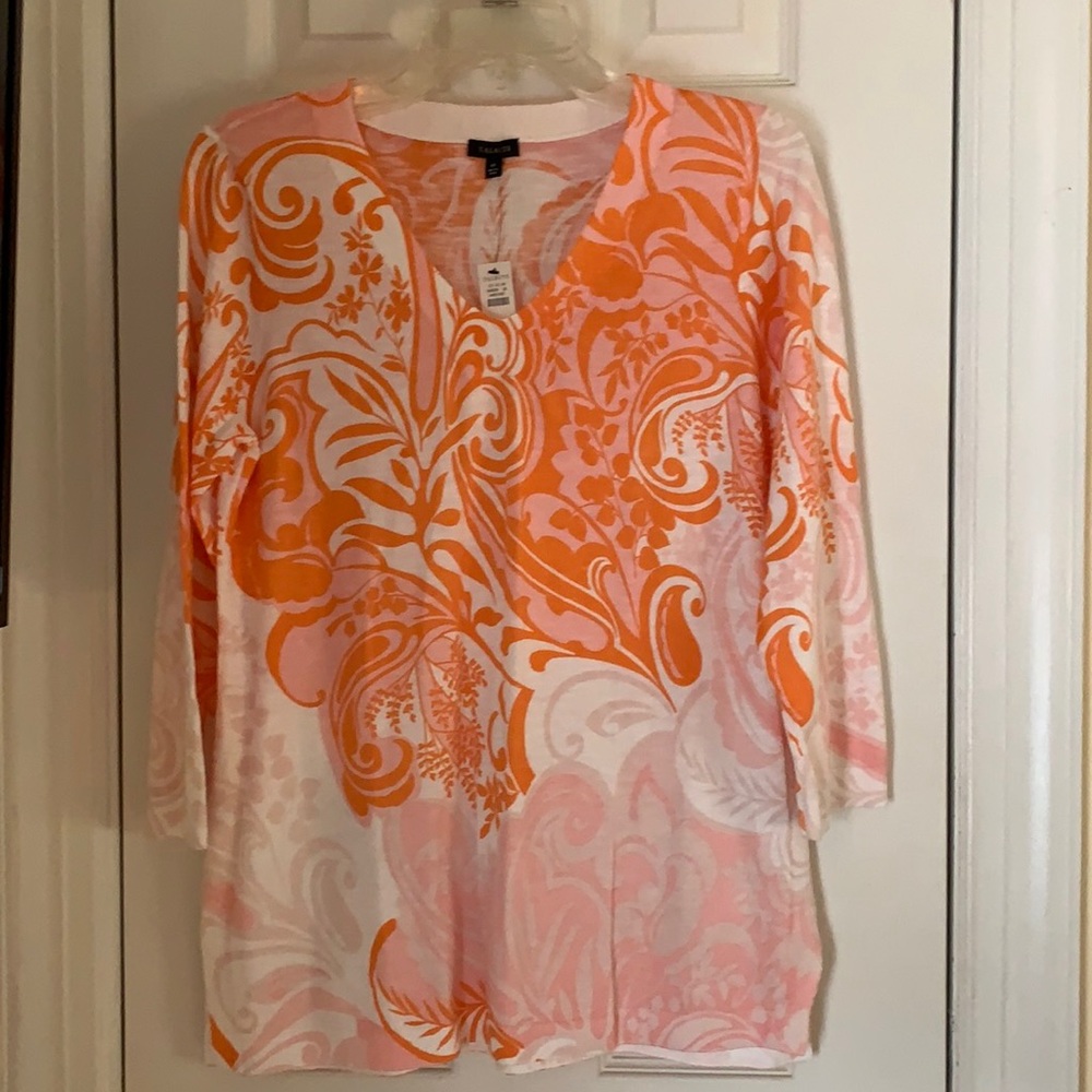 Cotton pink orange white V-neck paisley sweater